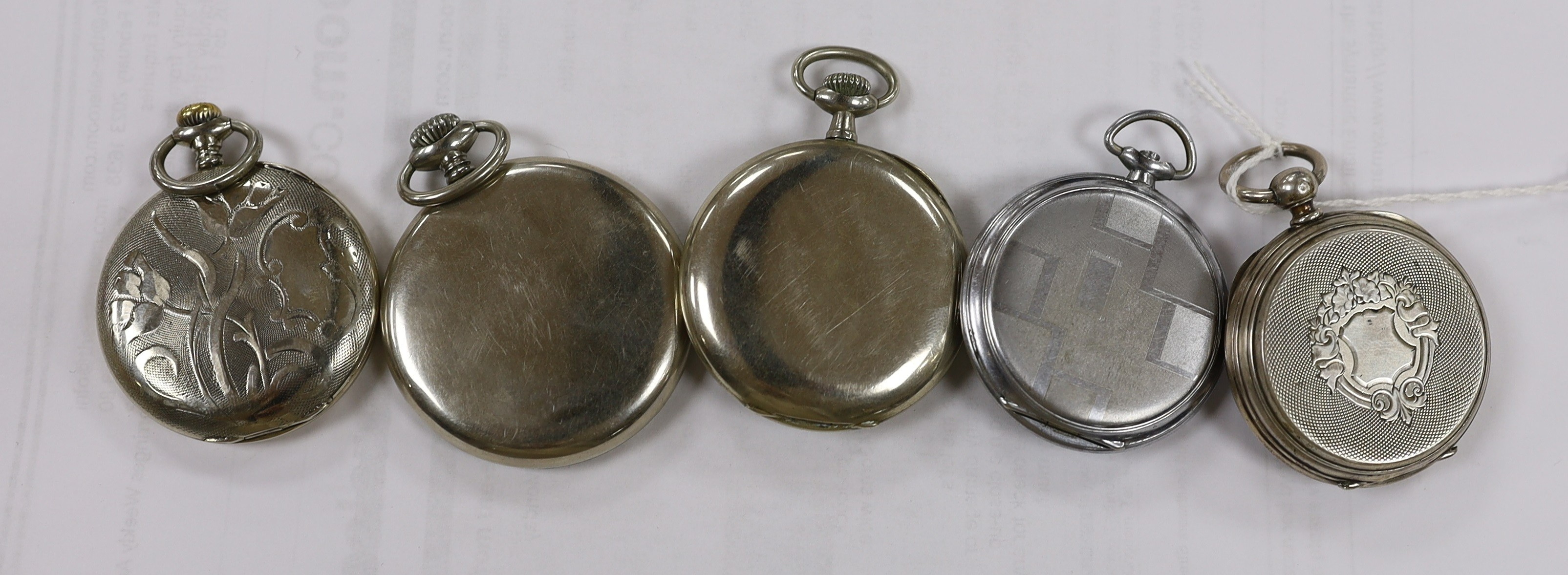 A French white metal open face keywind pocket watch, retailed by Delvallez, Horloger A Lillers and four other chrome or nickel cased pocket watches including Moeris.